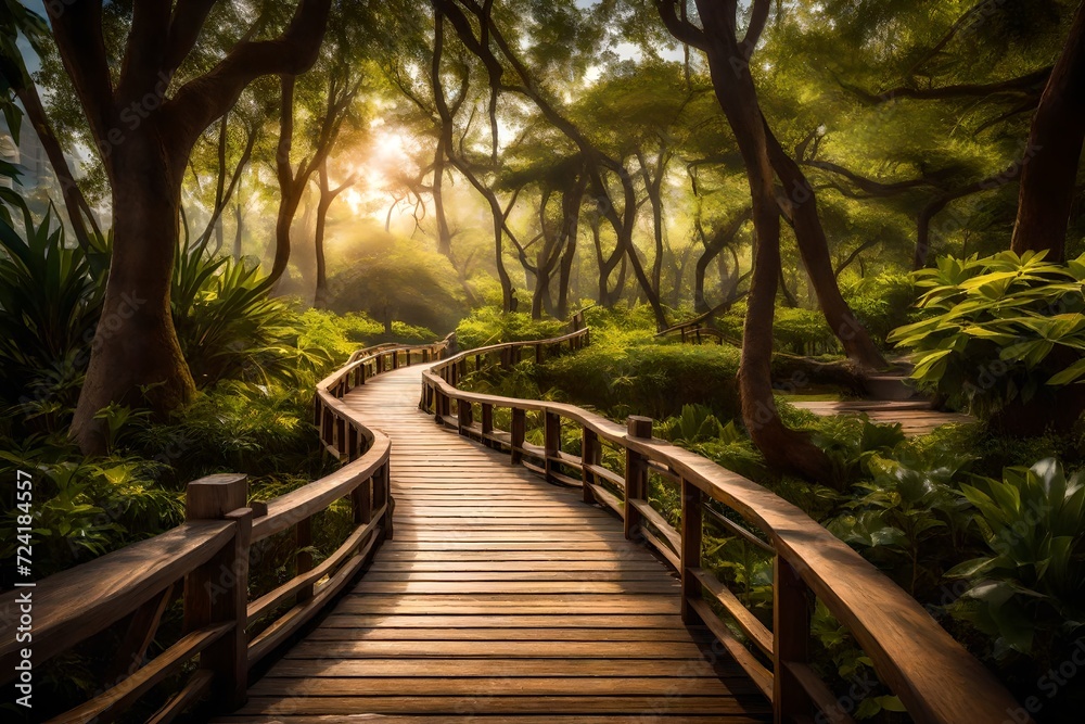 A charming wooden boardwalk in a lush park, offering a serene escape from the bustling world, perfect for a leisurely walk. A charming wooden boardwalk in a lush park, offering a serene escape from the bustling world, perfect for a leisurely walk.