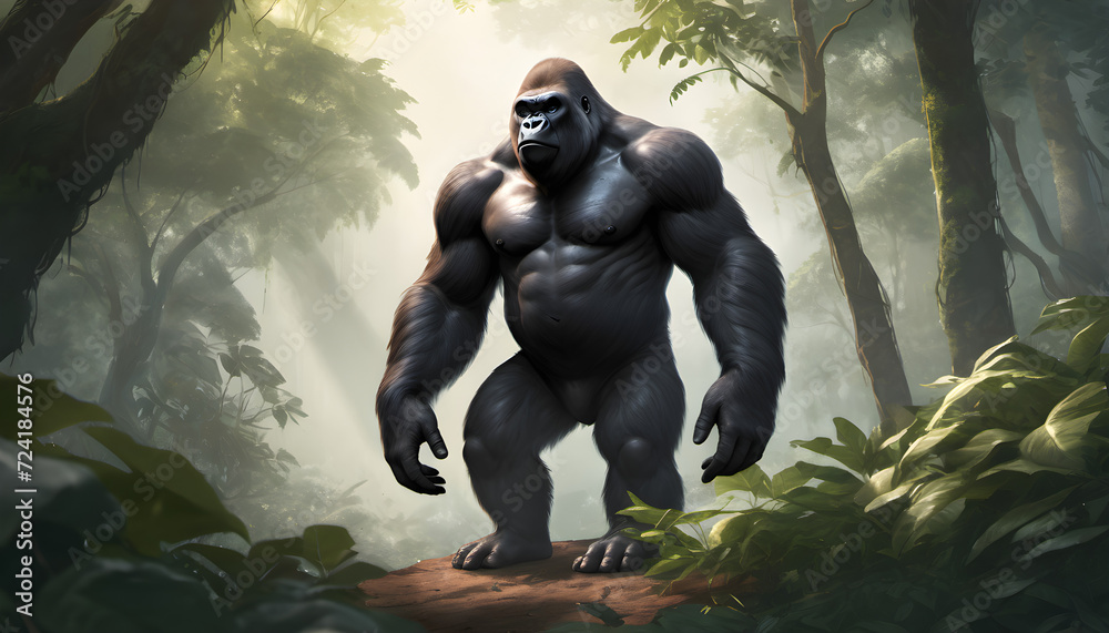 illustration of Majestic Gorilla Standing Dominantly in a Misty Forest at Dawn illustration of Majestic Gorilla Standing Dominantly in a Misty Forest at Dawn
