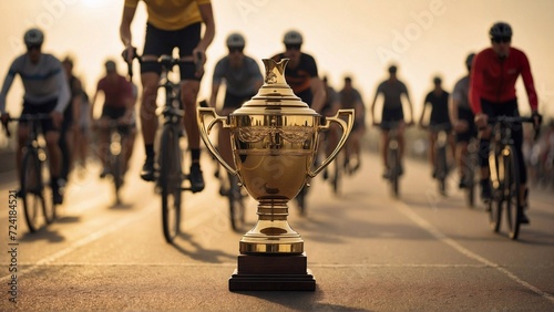 gold trophy cup on bicycle racing road, people on the bikes