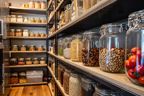 Assorted dry goods in transparent jars are methodically arranged on dark shelves, emanates a sense of household management and could complement articles on kitchen organization.
