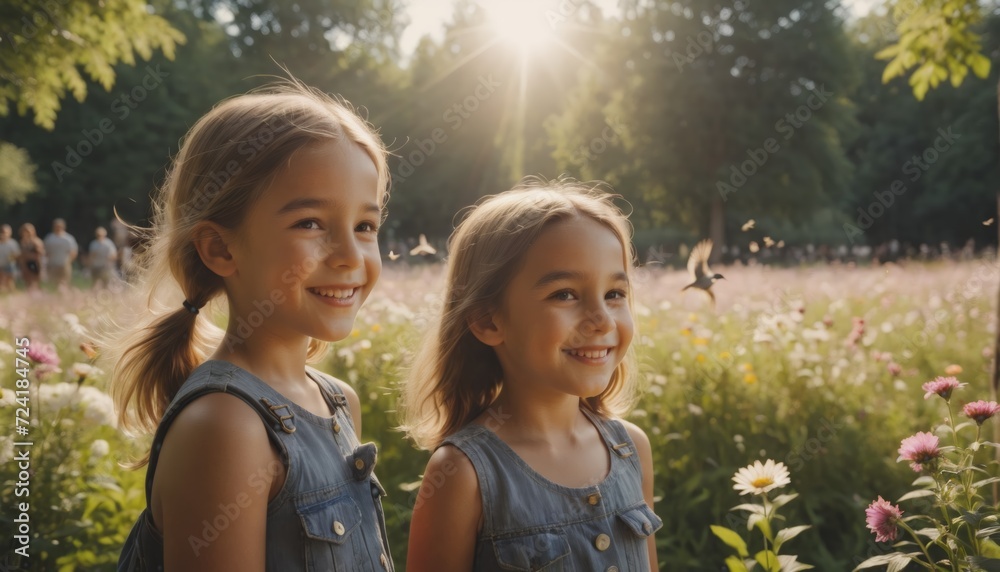 Happy children in their early teens enjoy nature, the forest and meadows and discover nature with birds and the wealth of nature in all its beauty in midsummer
