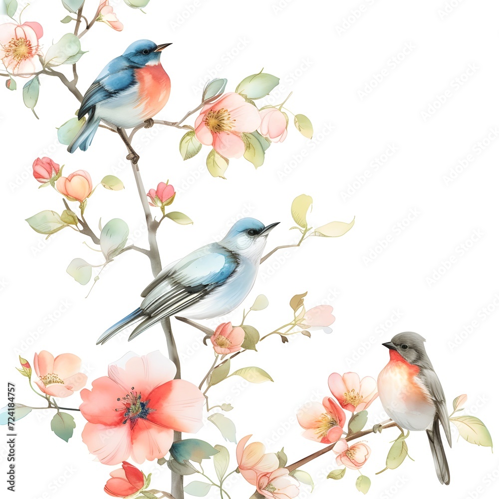 bird on a branch, delicate watercolor illustration of birds and flowers on a clean white backdrop.
