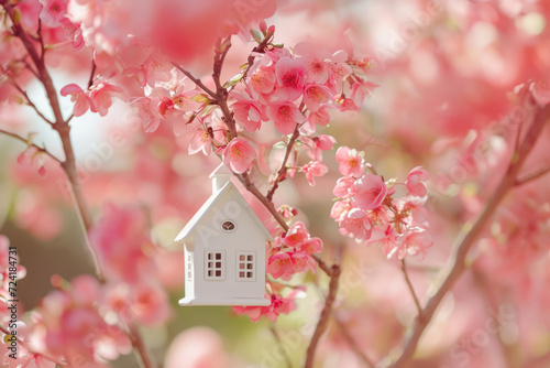 Miniature white house hangs on a blooming pink tree on a sunny day. Real estate and mortgage concept. Affordable Housing