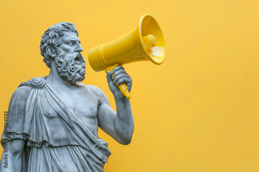 Greek statue holding loudspeaker screaming. Sculpture speaking loud in