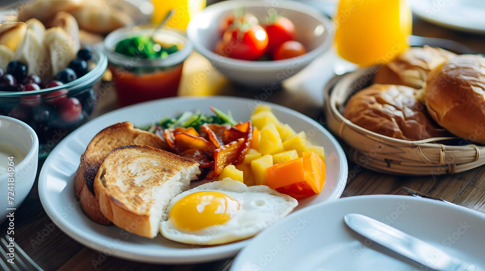 Full Breakfast Spread with Eggs, Toast, Bacon, and Fresh Fruit Full Breakfast Spread with Eggs, Toast, Bacon, and Fresh Fruit
