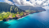 Majestic Na Pali Coastline Aerial View with Lush Cliffs and Crystal Blue Water