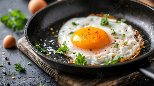 Perfectly Fried Egg in Skillet with Fresh Herbs