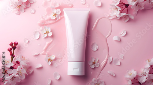 Skincare Tube with Cherry Blossoms on Pink Background