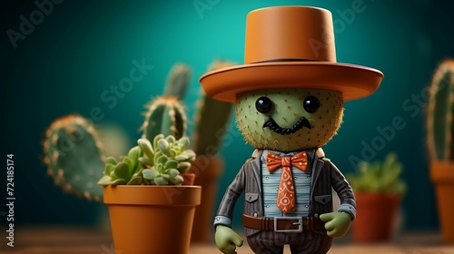 Little cartoon doll dressed as a mariachi among cactus for National holiday of Mexico Cinco de Mayo photo