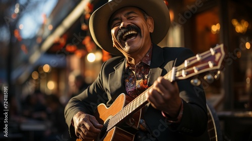 Mariachi playing the guitar in the streets of a town in Mexico in celebration of Cinco de Mayo