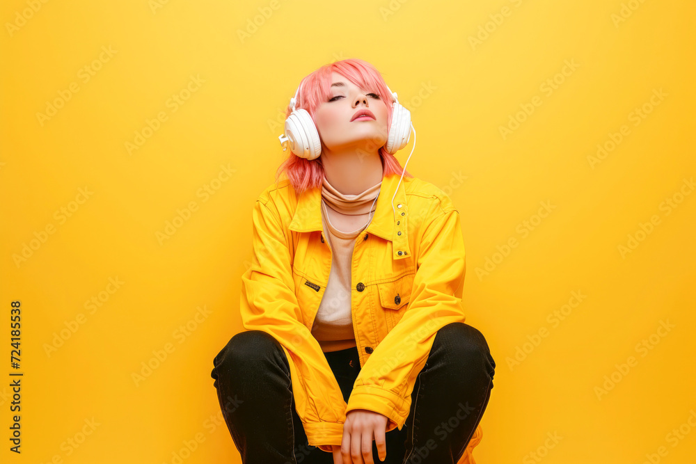 beautiful woman with pink hair, with white wireless headphones, on yellow background