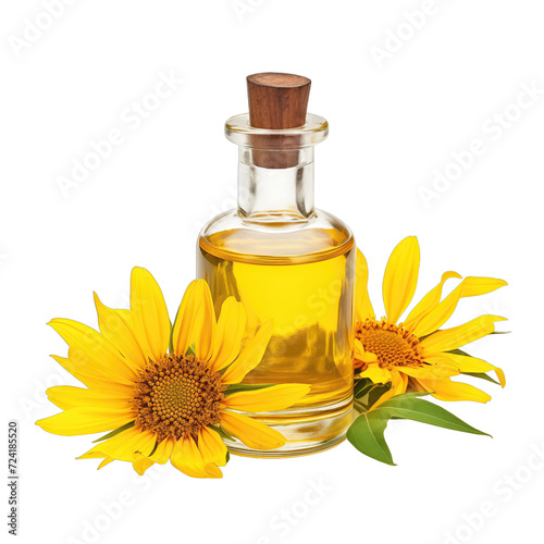 fresh raw organic arnica oil in glass bowl png isolated on white background with clipping path. natural organic dripping serum herbal medicine rich of vitamins concept. selective focus photo