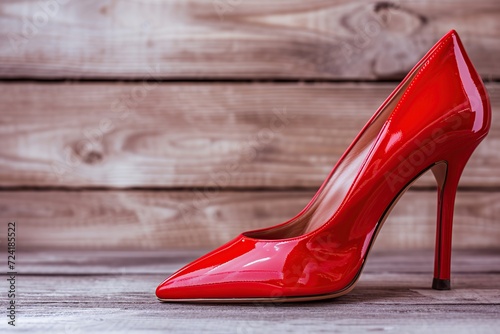 Beautiful and luxury red high heel shoes on wooden background