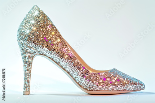 Beautiful and luxury glitter high heel shoes on white background
