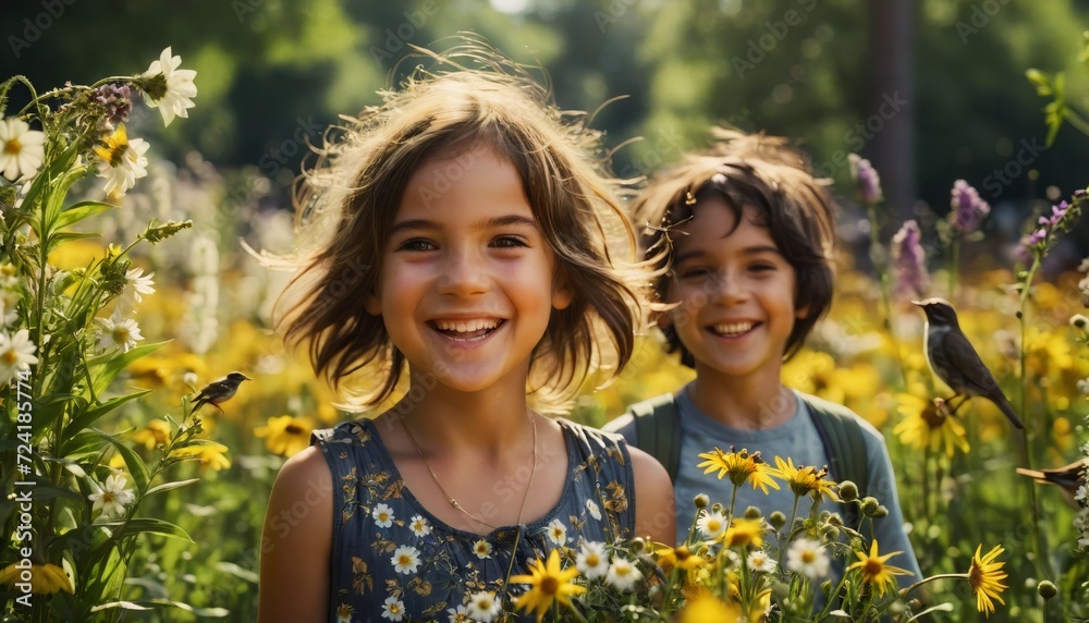 Happy children in their early teens enjoy nature, the forest and meadows and discover nature with birds and the wealth of nature in all its beauty in midsummer Happy children in their early teens enjoy nature, the forest and meadows and discover nature with birds and the wealth of nature in all its beauty in midsummer