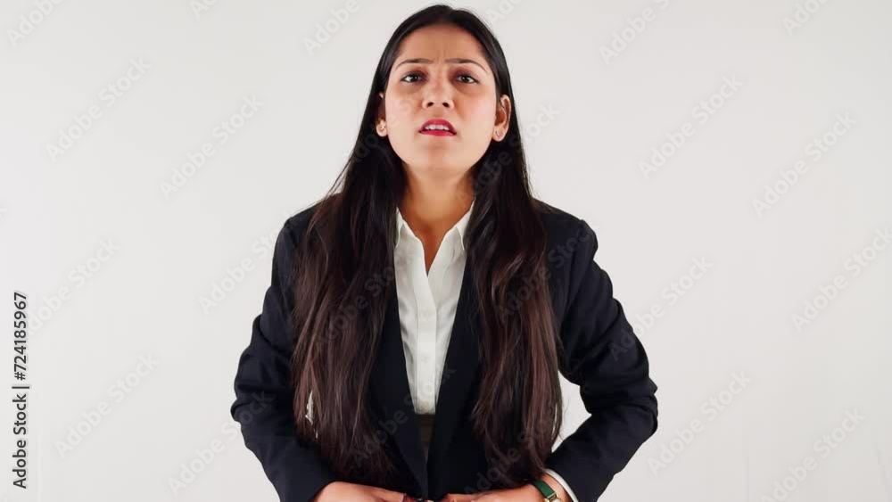 Confident businesswoman talking communication and t v anchoring against a white background Confident businesswoman talking communication and t v anchoring against a white background