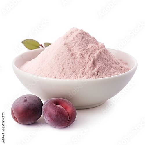 close up pile of finely dry organic fresh raw japanese plum powder isolated on white background. bright colored heaps of herbal, spice or seasoning recipes clipping path. selective focus photo