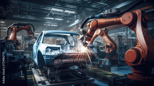 Automated robot arm working on a futuristic car factory.