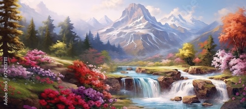 Breathtaking landskape with flowers and little waterfall photo