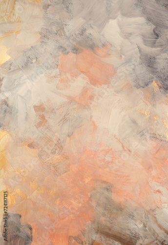 Beige, gold, bronze ink watercolor smoke flow stain blot on wet paper grain texture background. © Liliia