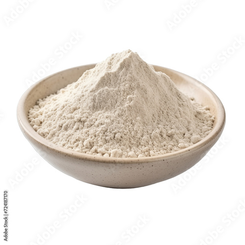 pile of finely dry organic fresh raw white chia seed flour powder in wooden bowl png isolated on white background. bright colored of herbal, spice or seasoning recipes clipping path. selective focus photo