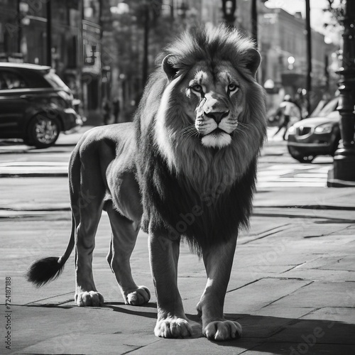 Majestic Lion Roaming the Urban Jungle - Captivating Wildlife in the Heart of the City