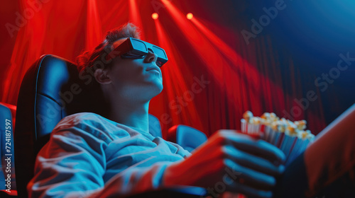 Young man in 3d glasses watching movie and eating popcorn in cinema