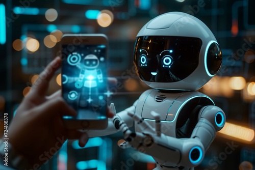 Digital chatbot, robot application, conversation assistant, AI Artificial Intelligence concept. Man using mobile smart phone, with digital chatbot on virtual screen, customer service