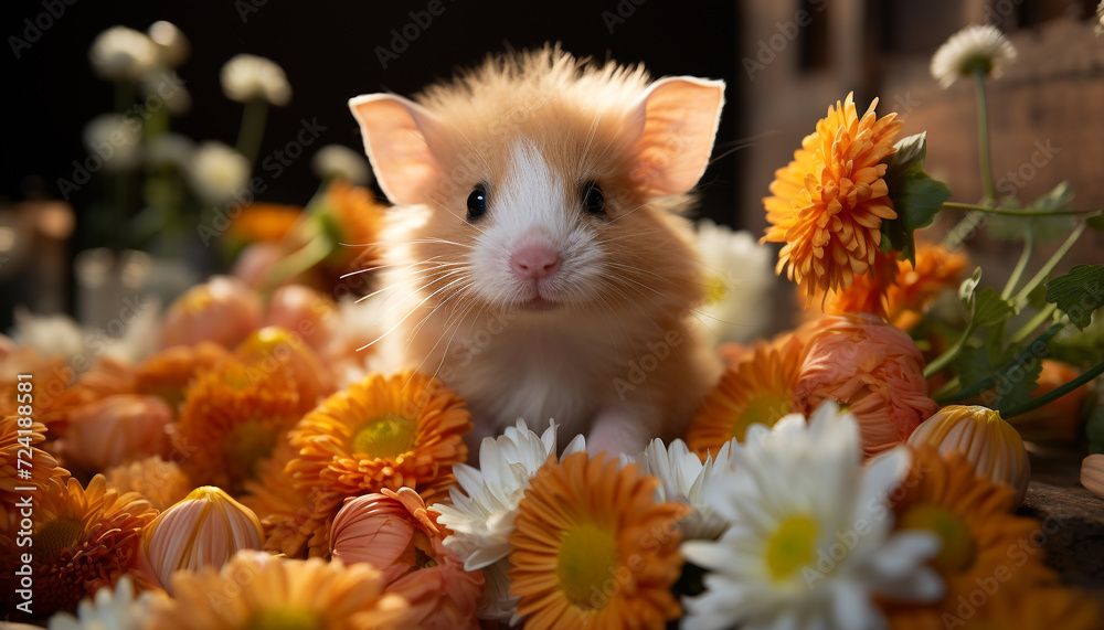 Cute puppy sitting in grass, looking at yellow daisy generated by AI Cute puppy sitting in grass, looking at yellow daisy generated by AI