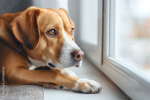 A curious brown puppy of a specific breed peers out the indoor window, eagerly taking in the sights and smells of the outside world