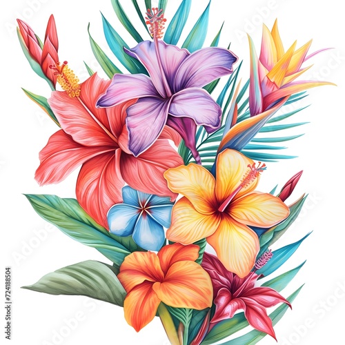abstract floral background, vibrant watercolor illustration of tropical flowers on a white background.
