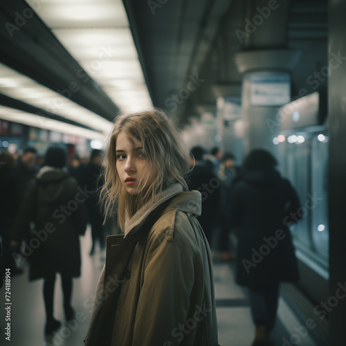 Beautiful young girl standing at the metro station