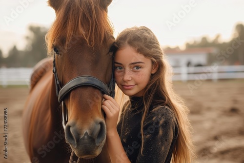 A young girl with a contagious smile stands confidently beside her majestic sorrel mare, their hair and clothing blending into the earthy tones of the outdoor landscape as they bond under the vast bl