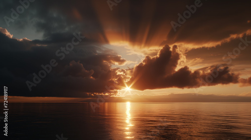 Dramatic sunset seascape with dark storm clouds over the sea