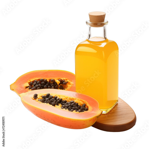 fresh raw organic solo papaya oil in glass bowl png isolated on white background with clipping path. natural organic dripping serum herbal medicine rich of vitamins concept. selective focus photo
