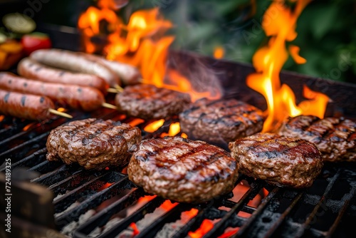 A sizzling summer feast of juicy hamburgers and hot dogs roasting over an open flame on a traditional barbecue grill, evoking the irresistible aromas of churrasco food, mixed grill, and yakiniku, all