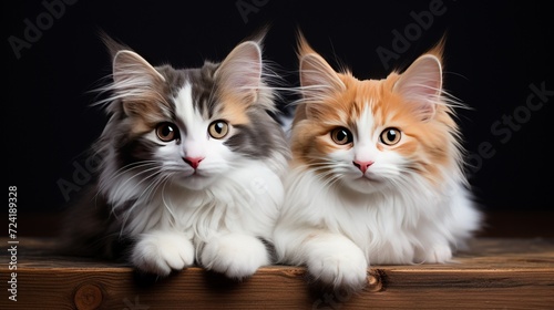 beautiful cats, wearing looking curiously into the camera lens, smiling, on a plain background