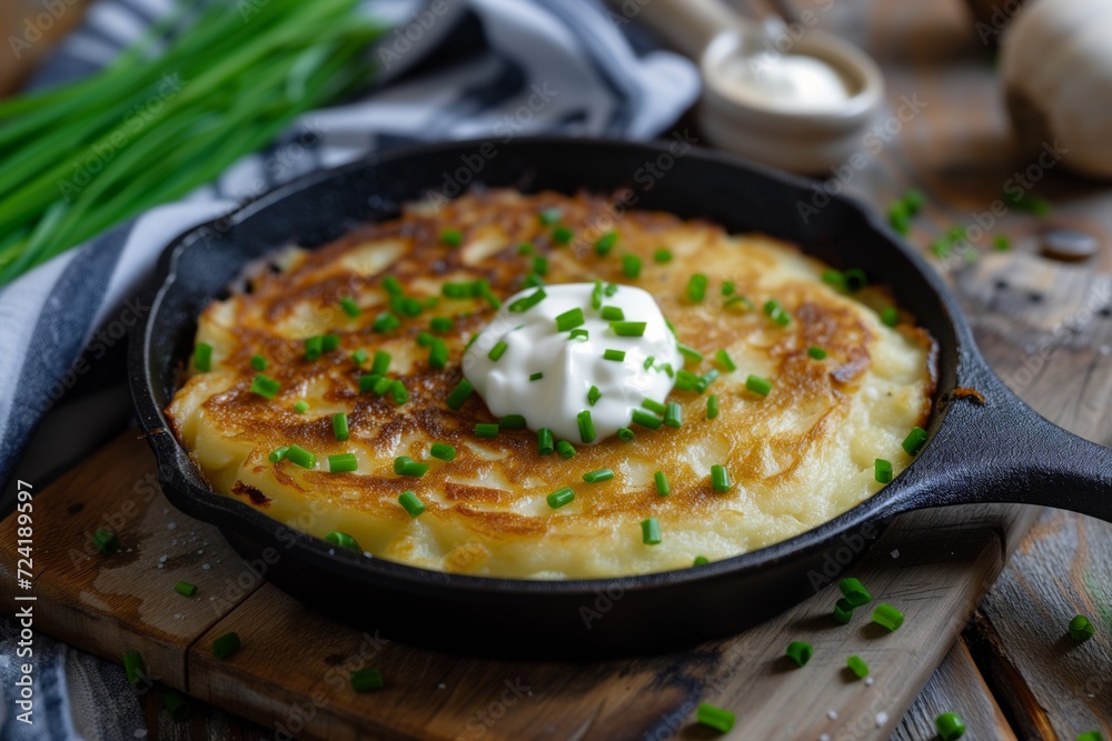 Golden Brown Potato Gratin in a Cast Iron Skillet Topped with Sour Cream and Chives