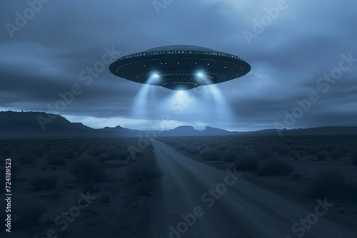 Ominous UFO Beaming Light on a Desert Road: An Atmospheric Scene for Sci-Fi and Adventure
