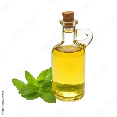 fresh raw organic spearmint oil in glass bowl png isolated on white background with clipping path. natural organic dripping serum herbal medicine rich of vitamins concept. selective focus