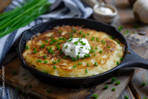 Golden Brown Potato Gratin in a Cast Iron Skillet Topped with Sour Cream and Chives