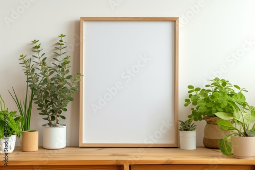 Blank poster photo frame on white wall and a wooden sideboard with potted plants