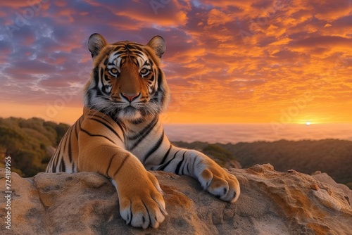 A majestic bengal tiger basks in the warmth of the sun on a rocky outcrop, its powerful presence and vibrant orange coat contrasting against the clear blue sky, a symbol of the wild and untamed beaut