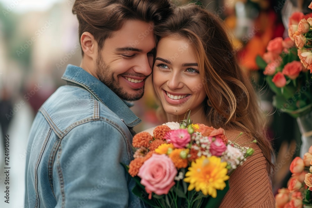A joyful couple smiles while arranging beautiful bouquets of cut roses, symbolizing their love and passion for floristry amidst the vibrant outdoor scenery