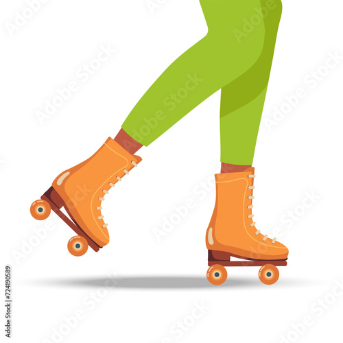Person legs with rollers. Body part legs in roller skate trick. Sport, recreation, relax, hobby theme. Casual comfortable shoes, clothing. Flat Vector isolated on white background, Old fashion skaters