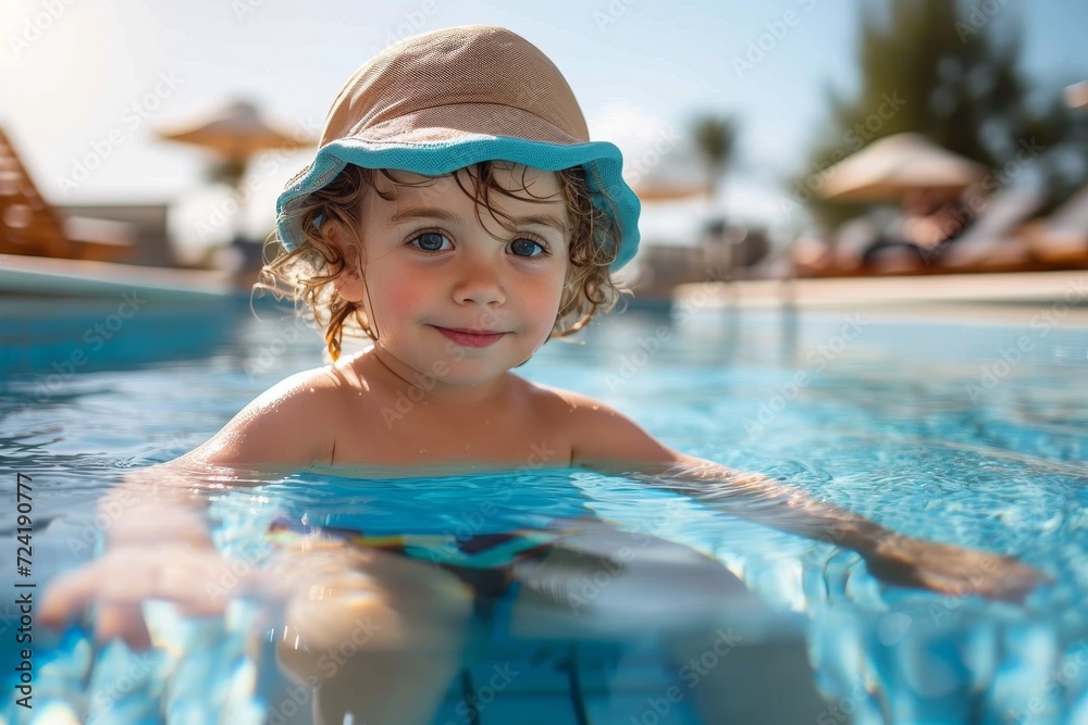 A sun-kissed toddler in a vibrant swimsuit and adorable sun hat joyfully splashes in the cool water of a leisure centre pool, her beaming face reflecting the carefree spirit of a summer vacation
