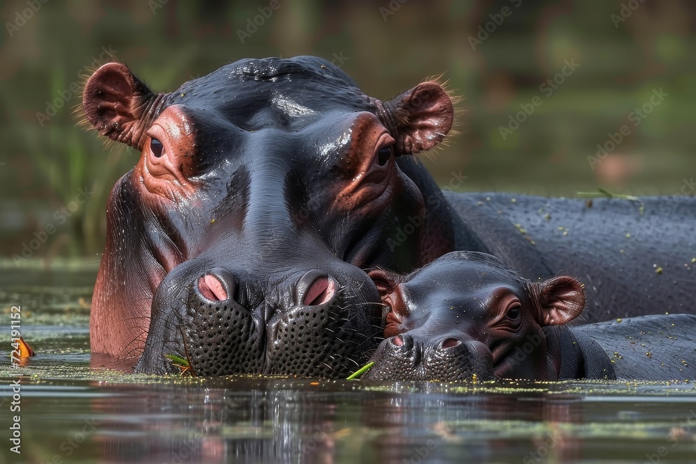 Fototapeta premium A majestic hippopotamus gracefully swims in the cool waters of the river, surrounded by lush green grass and basking in the beauty of its natural habitat