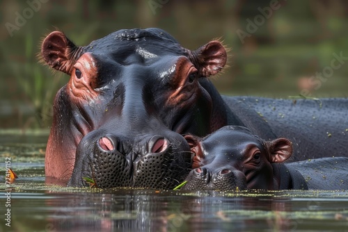 A majestic hippopotamus gracefully swims in the cool waters of the river, surrounded by lush green grass and basking in the beauty of its natural habitat