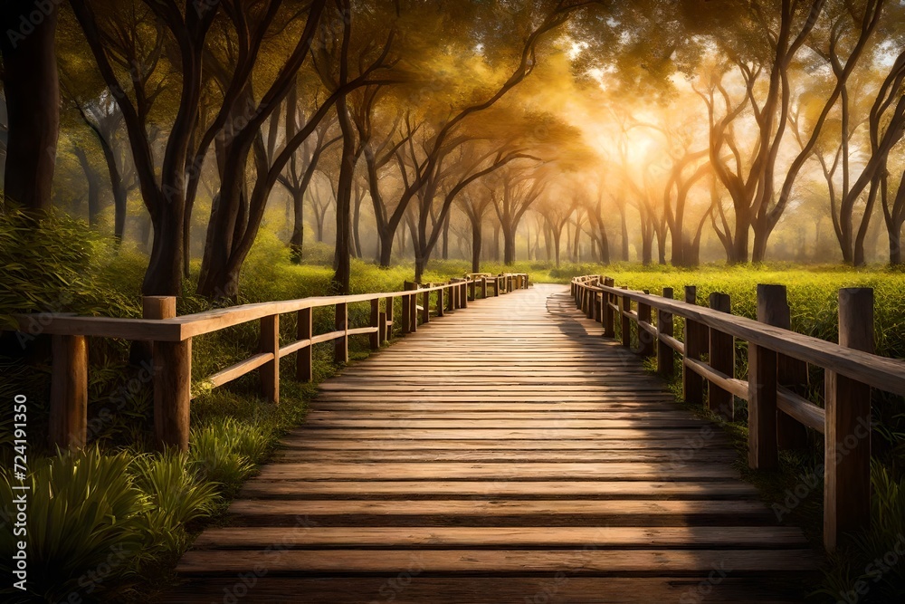 The inviting boardwalk in a serene park, with wooden planks leading the way through a peaceful and idyllic setting. The inviting boardwalk in a serene park, with wooden planks leading the way through a peaceful and idyllic setting.