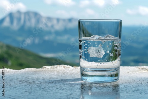 A Clear Glass of Water against a Mountainous Backdrop